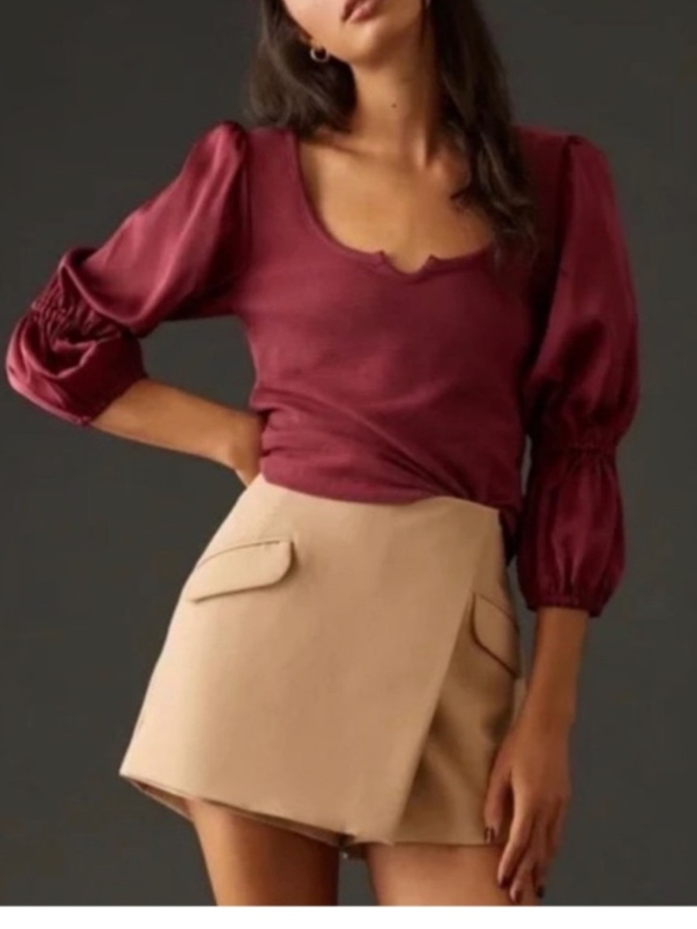 Anthropologie Maeve Mixed Ribbed Balloon Sleeve Top Size M Burgundy Elegant
